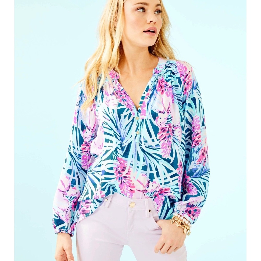 Lilly Pulitzer Parke Top Pearl Tropical Floral Smocked Blouse Pink Teal Large